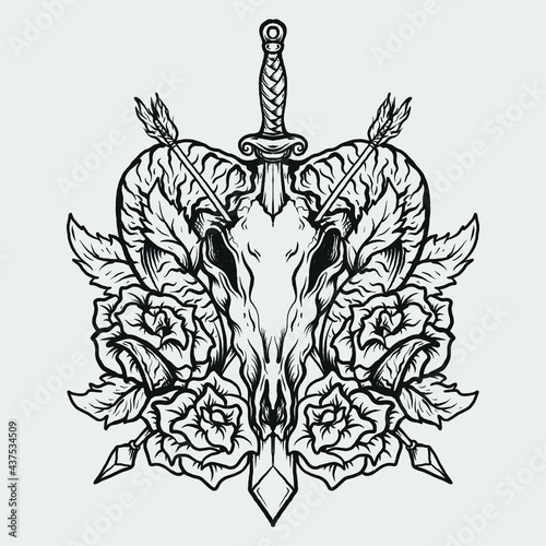 tattoo and t shirt design black and white hand drawn goat skull and rose engraving ornament