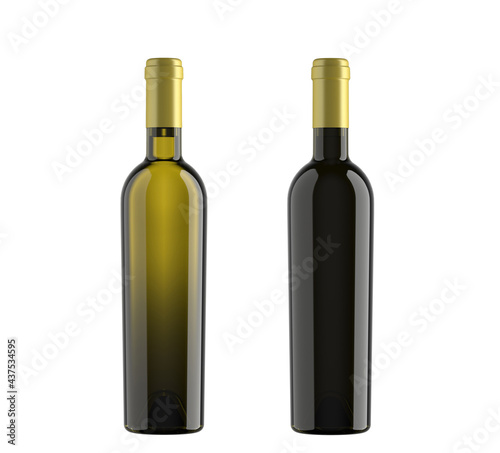 Collection Bottles of red and white wine, 500ml conical bordolese bottle, isolated on white background, for making packshot and mockup, 3d rendering. photo