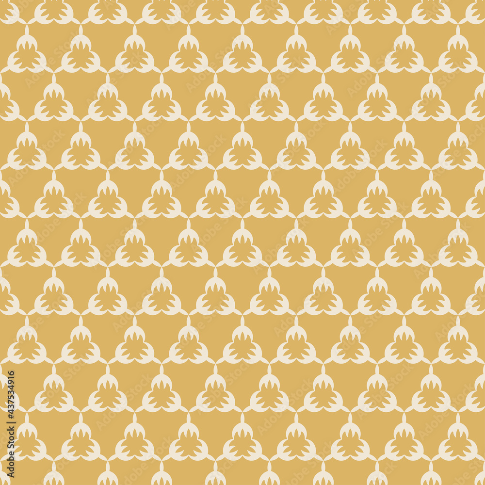Background pattern with simple decorative ornament on gold backdrop, wallpaper. Seamless pattern, texture