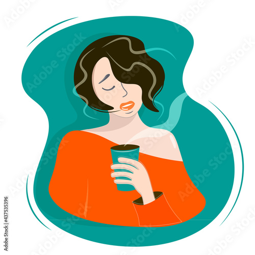 Glamorous sensual girl enjoys the aroma of exquisite coffee. Eyes close in pleasure. A woman in nirvana. Portrait of a bright brunette drinking a hot drink. Vector with green background.