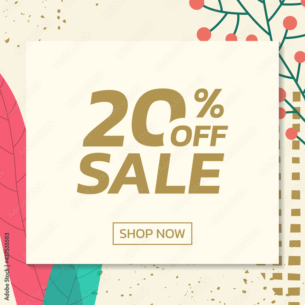 Fototapeta premium Social media sale post with floral background. Trendy banner design template with leaves. Modern discount cards with 20 percent price off. Vector illustration.