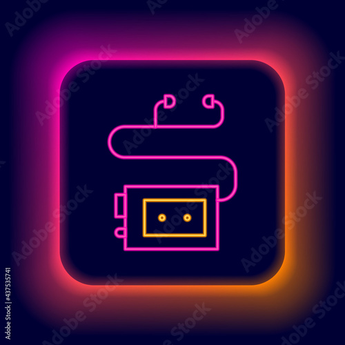 Glowing neon line Museum audio guide icon isolated on black background. Headphones for excursions. Colorful outline concept. Vector