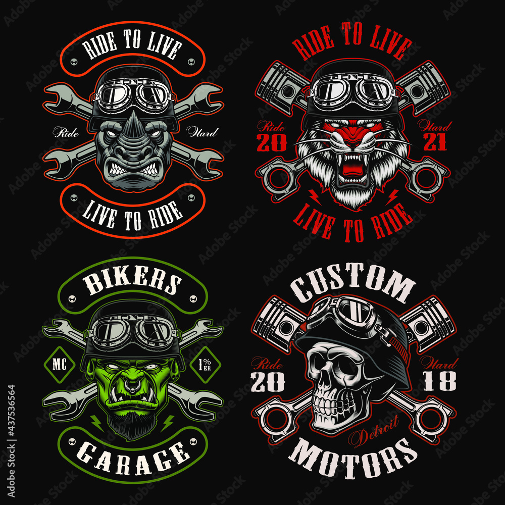 Fototapeta A set of biker themed vector illustrations, these designs can be used as shirt prints, emblems, or for many other uses