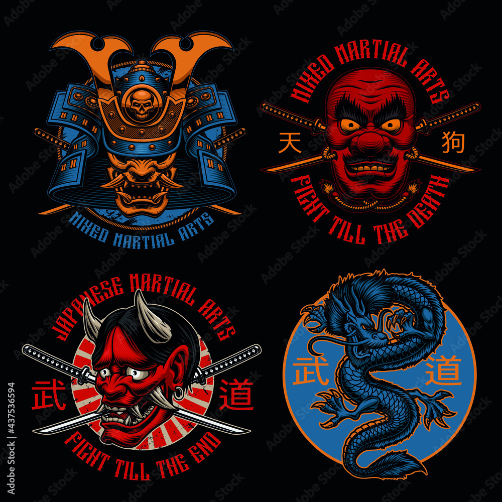 Fototapeta A set of colorful Samurai-themed badges, these illustrations can be used as shirt prints, translation of Japanese characters in the file layer name