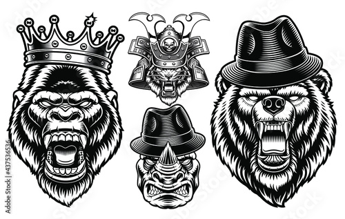 A set of black and white animal mascots, these perfect vector illustrations can be used as emblems, shirt prints as well as many other uses.