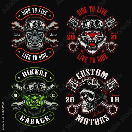 A set of biker themed vector illustrations, these designs can be used as shirt prints, emblems, or for many other uses