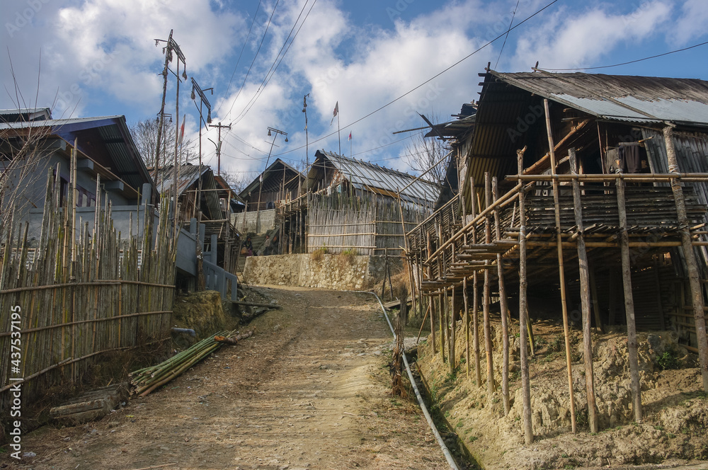 View of a street with traditional houses in a typical hillside Apatani tribal village on the Ziro plateau, Arunachal Pradesh, India