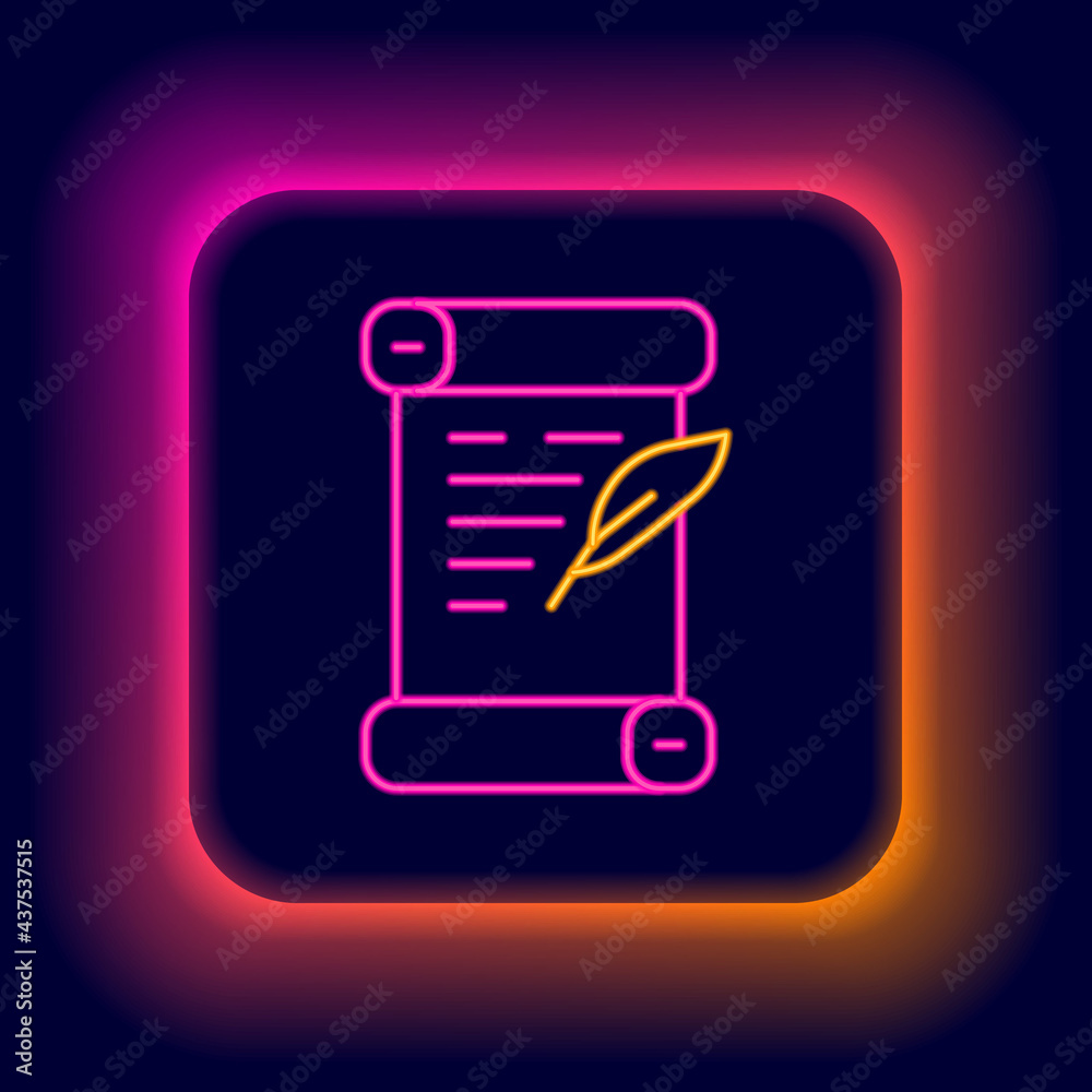 Glowing neon line Decree, paper, parchment, scroll icon icon isolated on black background. Colorful outline concept. Vector