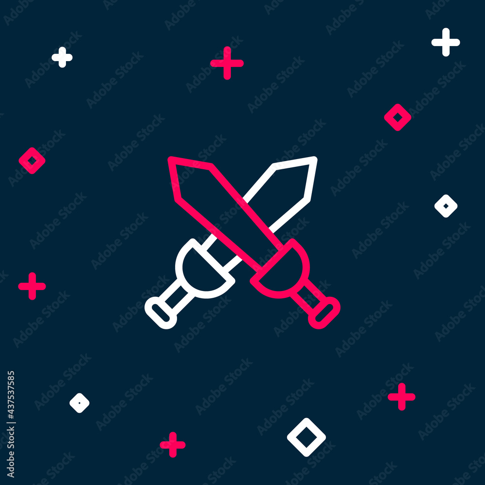 Line Crossed medieval sword icon isolated on blue background. Medieval weapon. Colorful outline concept. Vector Line Crossed medieval sword icon isolated on blue background. Medieval weapon. Colorful outline concept. Vector