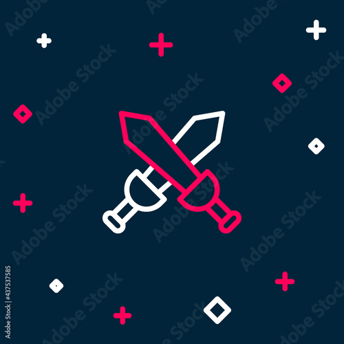 Line Crossed medieval sword icon isolated on blue background. Medieval weapon. Colorful outline concept. Vector