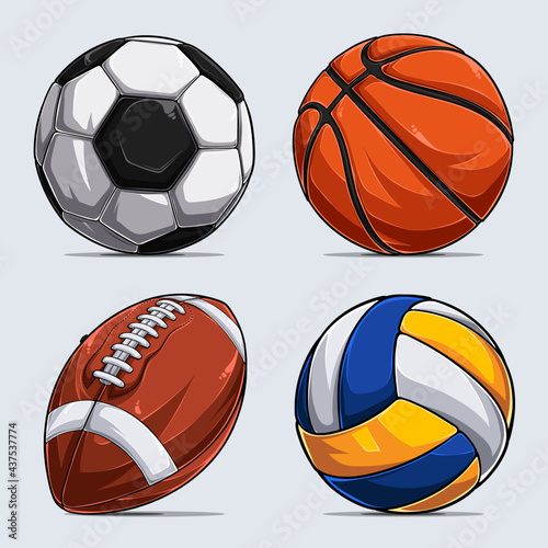 Sport balls collection; Basketball ball; Soccer ball; American football ball and Volleyball ball