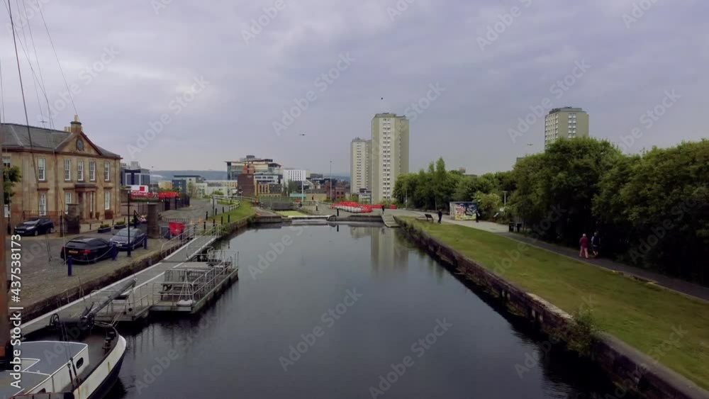 Glasgow Scotland 2021 4k aerial shot of Glasgow High flats and city centre shot from clyde canal Glasgow Scotland 2021 4k aerial shot of Glasgow High flats and city centre shot from clyde canal