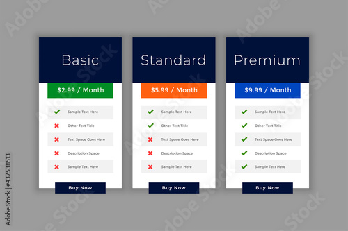 pricing table interface template for business