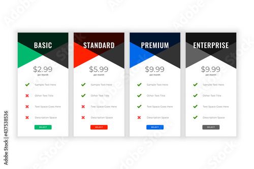 clean plans and pricing comparision web template photo