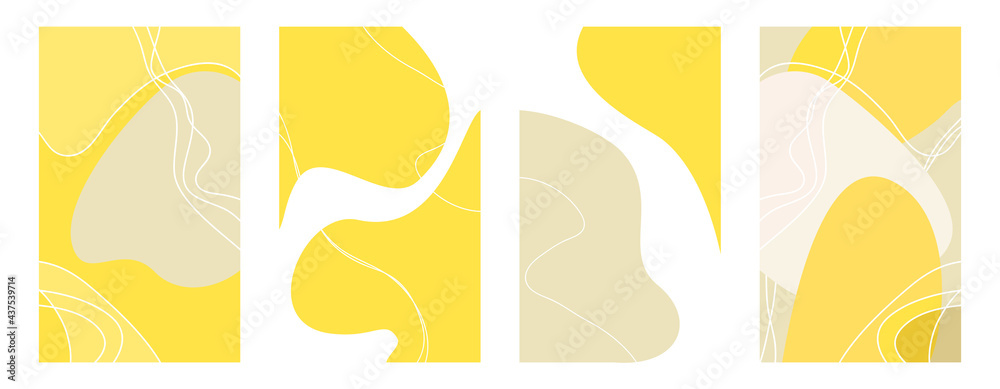 Abstract yellow set of advertising covers, backgrounds. Banners for big discounts, sales. Smooth lines. Uneven spots. Vector illustration. Use to decorate books, notebooks, diaries, stories, flyers.