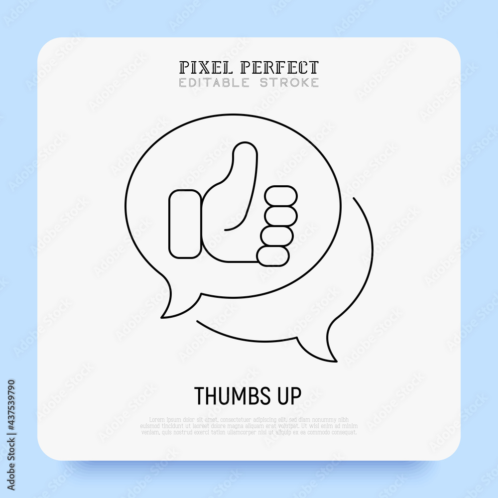 Positive feedback, review thin line icon. Speech bubble with thumbs up. Pixel perfect, editable stroke. Vector illustration. Positive feedback, review thin line icon. Speech bubble with thumbs up. Pixel perfect, editable stroke. Vector illustration.