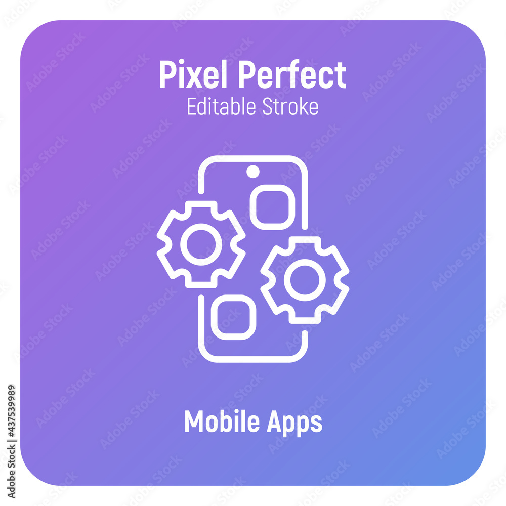 Web development thin line icon. Mobile app. Cogwheels on smartphone screen. Pixel perfect, editable stroke. Vector illustration. Web development thin line icon. Mobile app. Cogwheels on smartphone screen. Pixel perfect, editable stroke. Vector illustration.