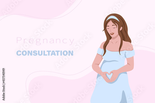 Happy pregnant woman holds her belly. Pregnancy consultation. Vector illustration in flat style.