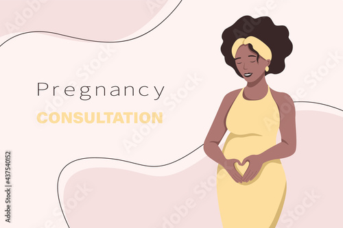 Black happy pregnant woman holds her belly. Pregnancy consultation. Vector illustration in flat style.