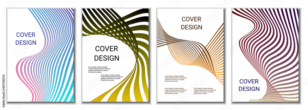 A set of 4 abstract covers. Wavy parallel gradient lines, ribbons evolve. Cover design, background. Trendy banner, poster. A set of 4 abstract covers. Wavy parallel gradient lines, ribbons evolve. Cover design, background. Trendy banner, poster.