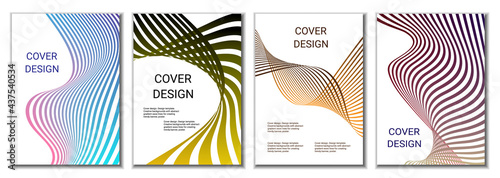 A set of 4 abstract covers. Wavy parallel gradient lines, ribbons evolve. Cover design, background. Trendy banner, poster.