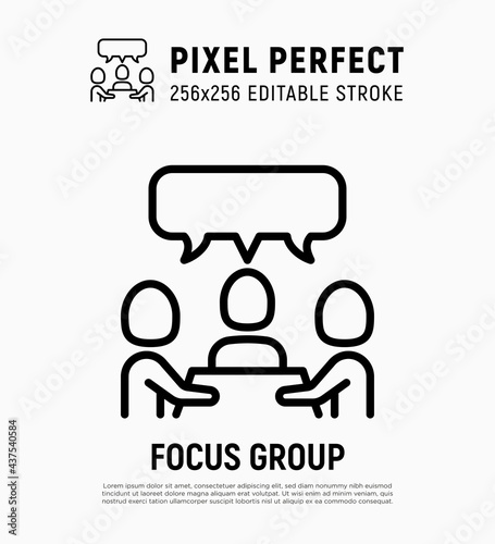 Focus group, meeting, teamwork thin line icon. Group of people sitting by the table. Brainstorm. Pixel perfect, editable stroke. Vector illustration.