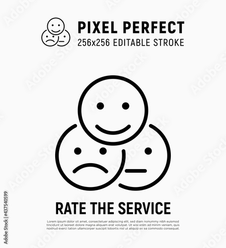 Rate the service, feedback, customer experience thin line icon. Positive, negative, neutral face. Pixel perfect, editable stroke. Vector illustration.