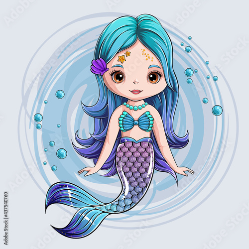 Hand drawn cute Mermaid character, smiling mermaid princess