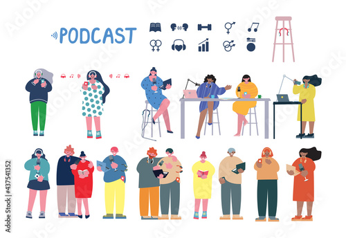 Large set of people record and listen to podcasts singly and in pairs in the studio. Cartoon. 