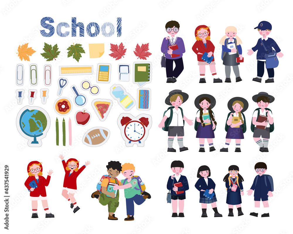 A set of characters - children in school uniforms of different countries. A set of stickers with school themes. Cartoon style