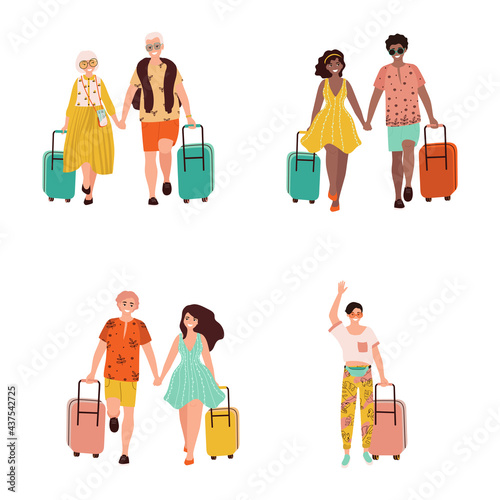 A man and a woman walk with suitcases. The pensioners are going on vacation, the man is a traveler. Cartoon style. A set of pairs of people