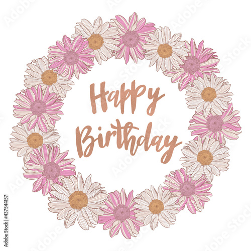 Happy Birthday - Handwritten lettering contemporary design with decorative floral frame on white background, can be used for greeting cards, postcards, banner. Vector illustration.