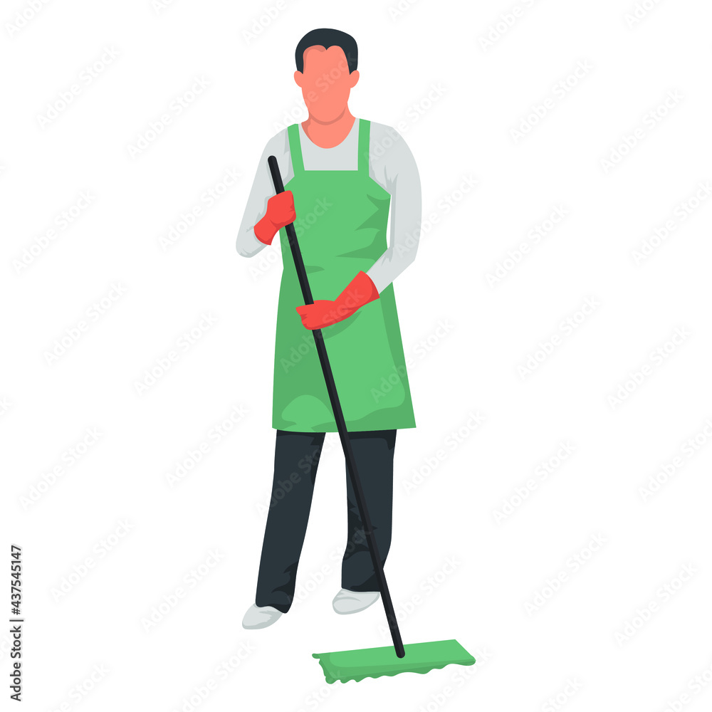 A young man with a mop in uniform cleaning the floor. Vector illustration