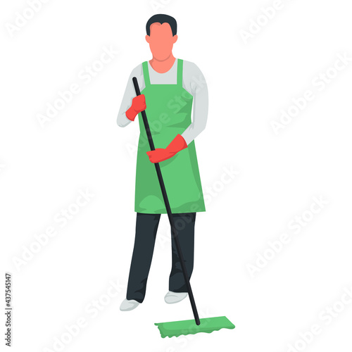 A young man with a mop in uniform cleaning the floor. Vector illustration