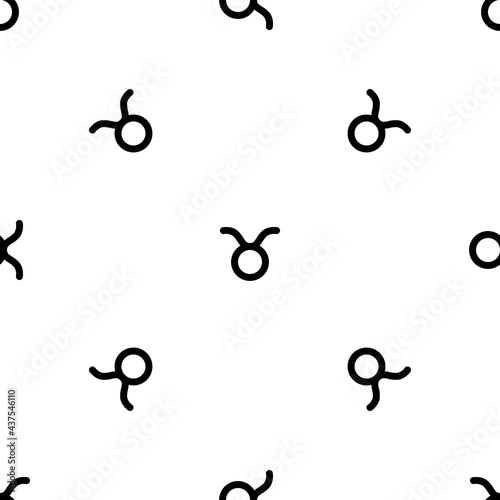 Seamless pattern of repeated black zodiac taurus symbols. Elements are evenly spaced and some are rotated. Vector illustration on white background