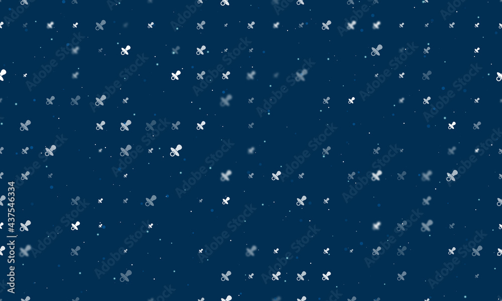 Seamless background pattern of evenly spaced white nipple symbols of different sizes and opacity. Vector illustration on dark blue background with stars
