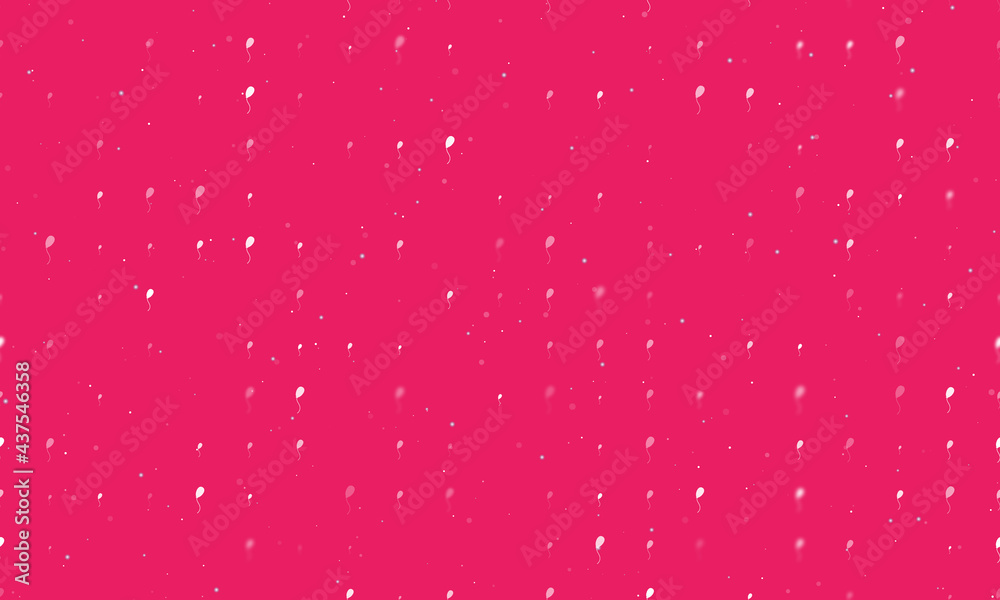 Seamless background pattern of evenly spaced white balloon symbols of different sizes and opacity. Vector illustration on pink background with stars