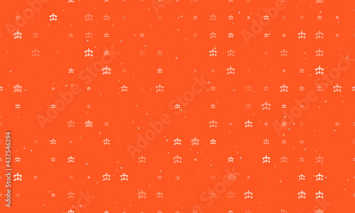 Seamless background pattern of evenly spaced white baby mobiles of different sizes and opacity. Vector illustration on deep orange background with stars