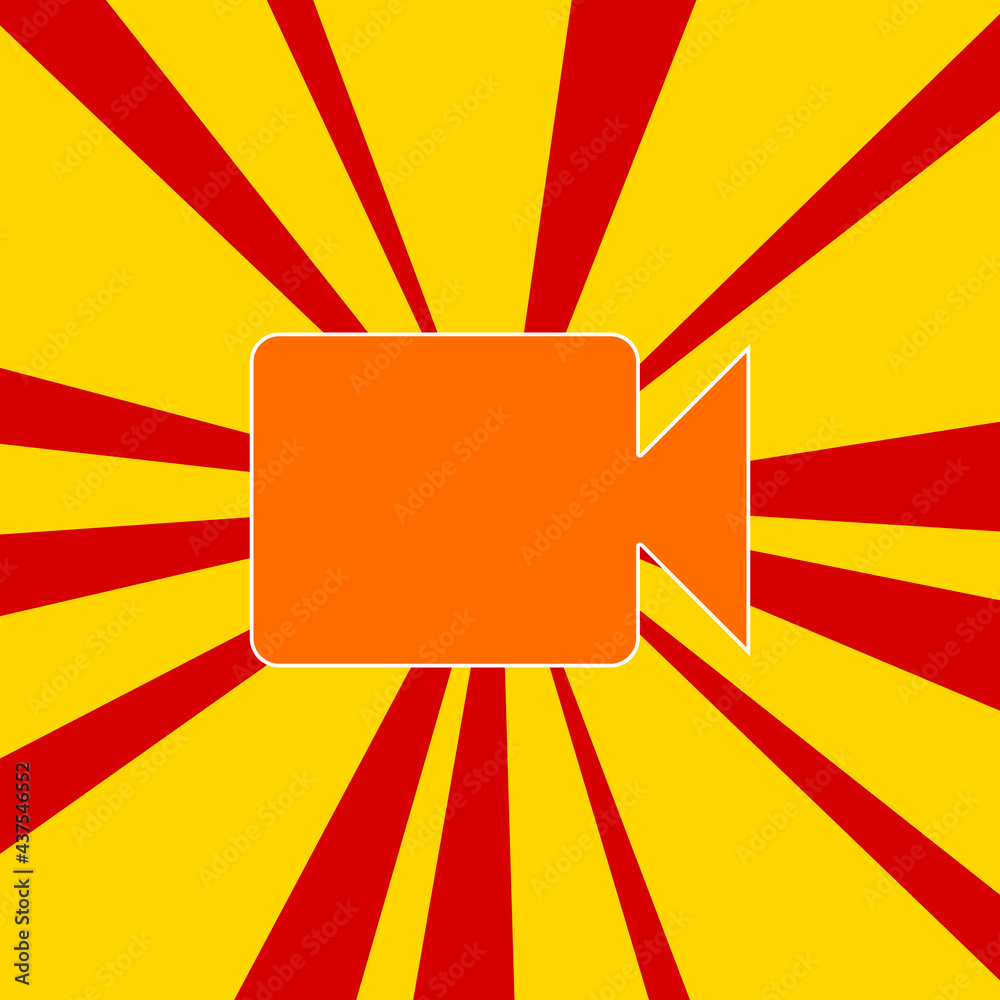 Video camera symbol on a background of red flash explosion radial lines. The large orange symbol is located in the center of the sun, symbolizing the sunrise. Vector illustration on yellow background