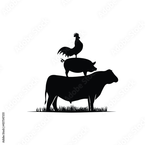 silhouette of angus cattle buffalo cow , pig pork swine boar javelina ham bacon chicken rooster livestock logo design vector