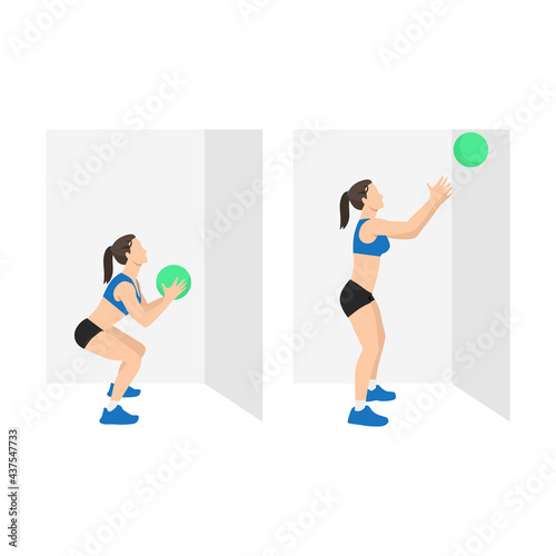 Woman doing Medicine ball throw exercise. Flat vector illustration isolated on white background. workout character set