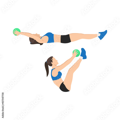 Woman doing Medicine ball v-ups exercise. Flat vector illustration isolated on white background. workout character set