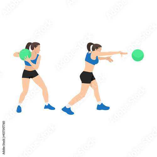 Woman doing Medicine ball punch exercise, Flat vector illustration isolated on white background. Chest exercise
