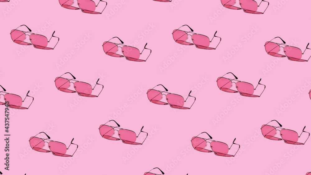 seamless looping animation of pattern with pink sunglasses on a pastel purple background. hard shadows from the sun at noon. leisure, travel and entertainment concept with copy space seamless looping animation of pattern with pink sunglasses on a pastel purple background. hard shadows from the sun at noon. leisure, travel and entertainment concept with copy space