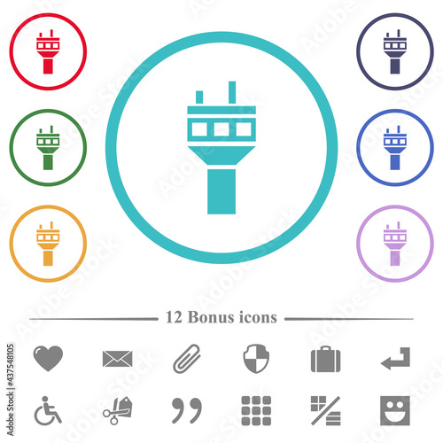 Air control tower flat color icons in circle shape outlines