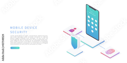 Mobile device security in flat isometric vector illustration. Scan fingerprint and Identification system. Vector illustration.