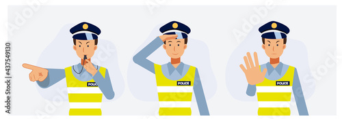 Set of male Traffic police officer in different pose. Flat vector cartoon character illustration.