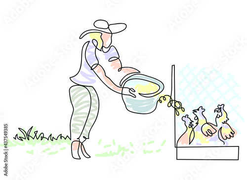 One line drawing of woman  farmer caring for poultry.

One continuous line drawing of farmer woman and chickens in the countryside.
