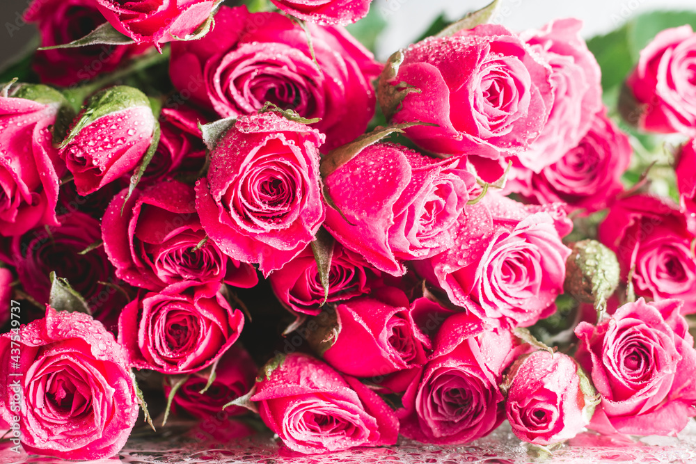 Blurred creative background of pink rose flowers. Partially defocused roses, on glossy surface with water drops Blurred creative background of pink rose flowers. Partially defocused roses, on glossy surface with water drops