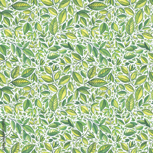 Bright seamless watercolor pattern for printing on clothes  for interior decor and printing. The texture of their green leaves and branches. Watercolor illustration.